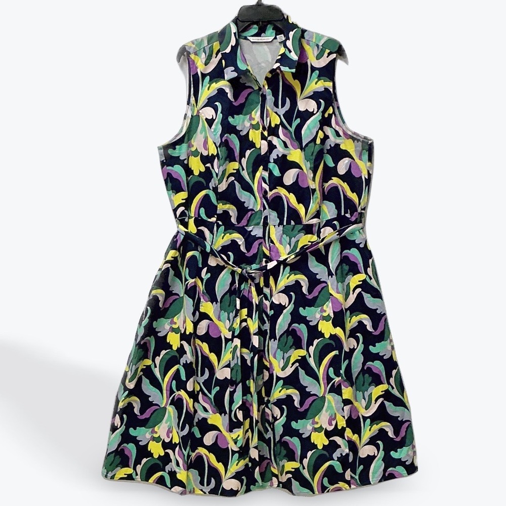Isaac Mizrahi Live Womens 20W Navy Blue Abstract Floral Button Front Shirt Dress
